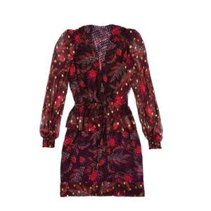 Marchesa Voyage Burgundy 100% Silk Flounce Peplum V Neck Long Sleeve Dress 8